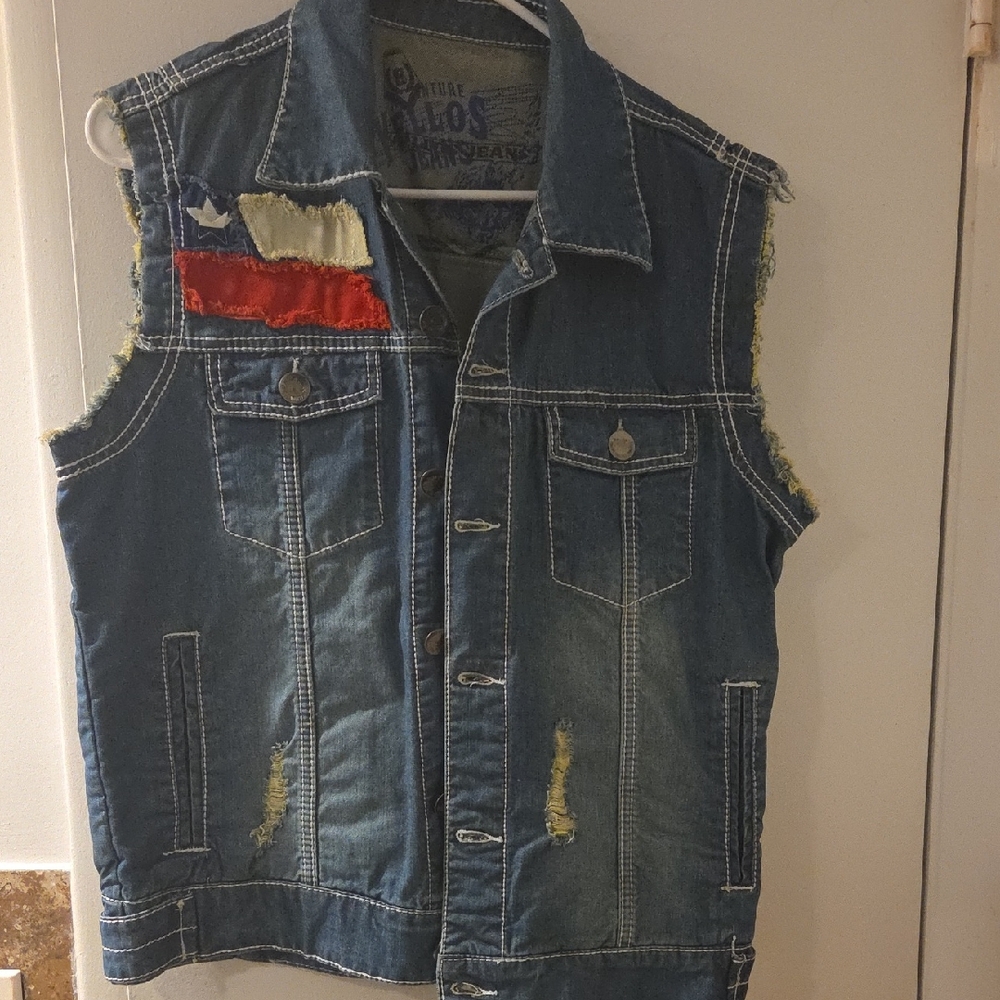 Men's Blue Denim Vest with Chilean Flag Patch